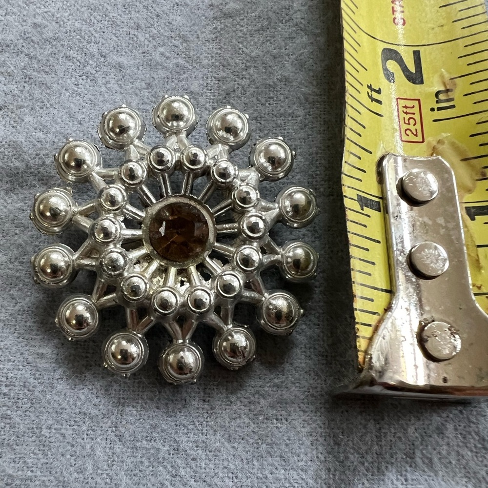 Silver Bead Flower Brooch With Amber Stone
